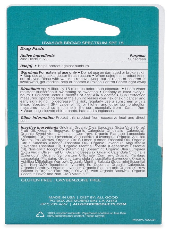 آول جود ميكس ايڤريثينج بيتر مرطب شفاه عضوي من All Good بعامل حماية من الشمس SPF15 - عناية مرطبة للشفاه بزيت الزيتون وشمع العسل والآذريون والخزامى وفيتامين E - مرطب للشفاه مع حماية من أكسيد الزنك - أصلي، نعناع وجوز الهند (عبوة من 9 قطع) - Image 4